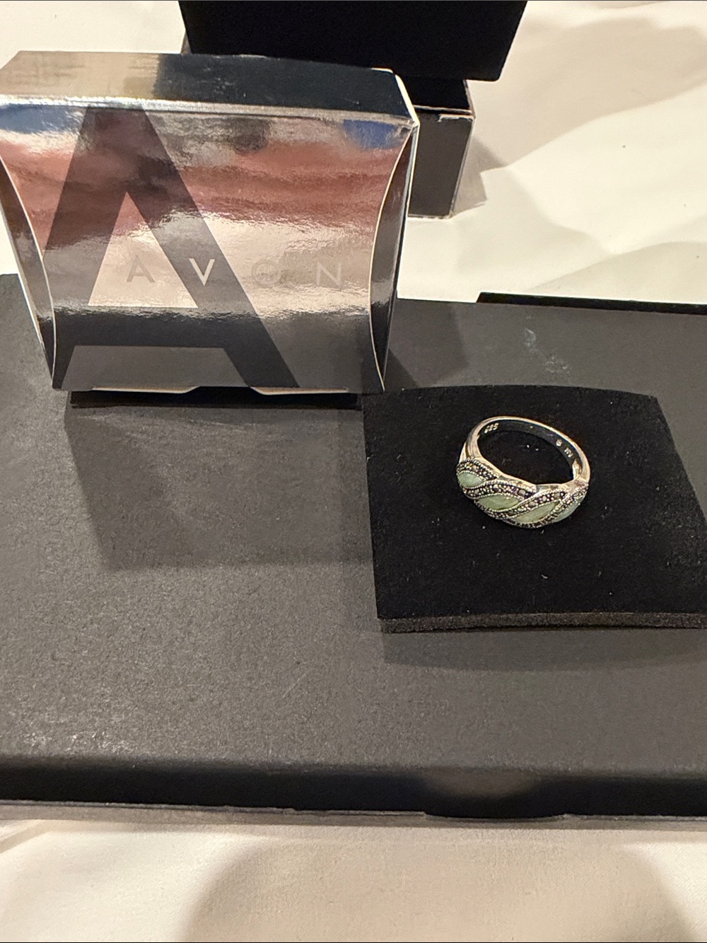 Avon Silver Ring with Light Green Enamel and Clear Crystals